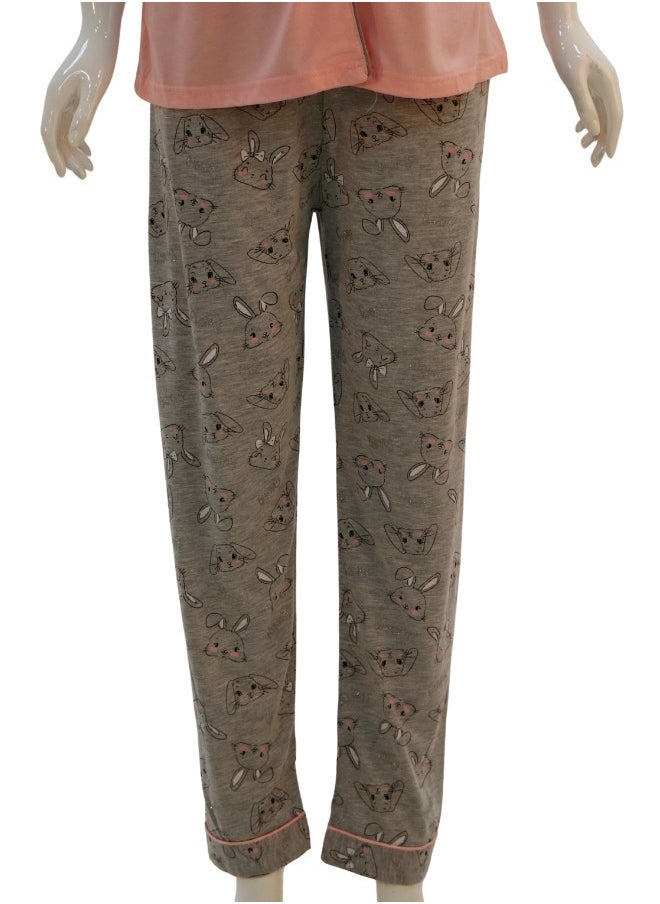 JOANNA - JOANNA Women's Sleeping Bunny Print Button Down Shirt & Long Pants Pajama Set, Baby Pink - Image 1