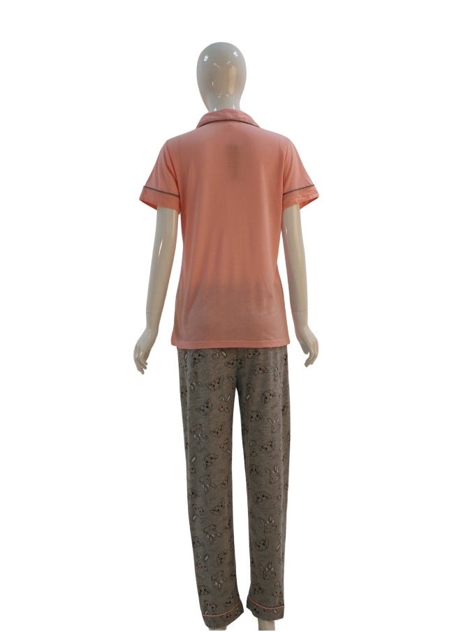 JOANNA - JOANNA Women's Sleeping Bunny Print Button Down Shirt & Long Pants Pajama Set, Baby Pink - Image 1