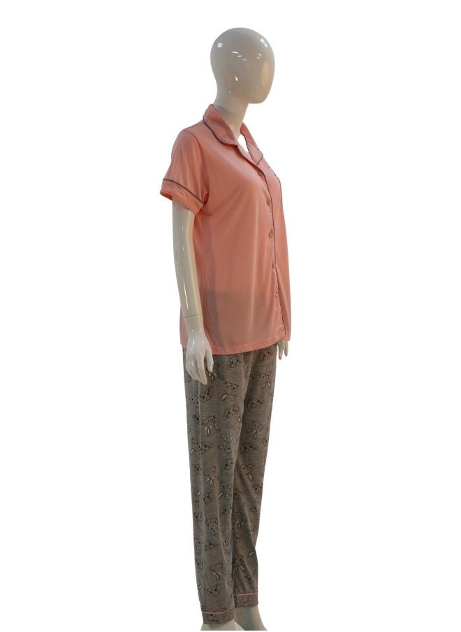 JOANNA - JOANNA Women's Sleeping Bunny Print Button Down Shirt & Long Pants Pajama Set, Baby Pink - Image 1