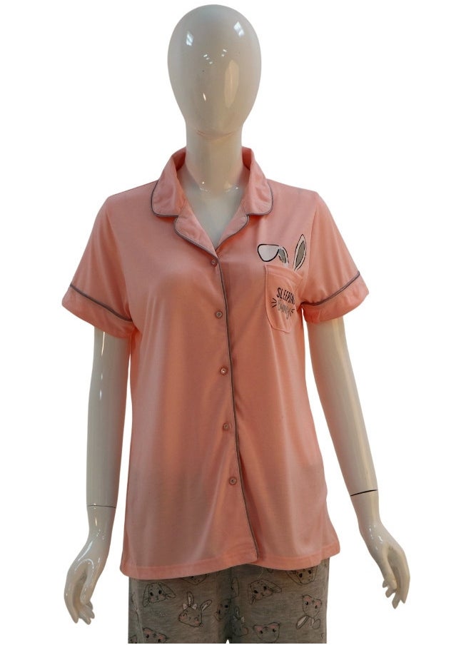 JOANNA - JOANNA Women's Sleeping Bunny Print Button Down Shirt & Long Pants Pajama Set, Baby Pink - Image 1