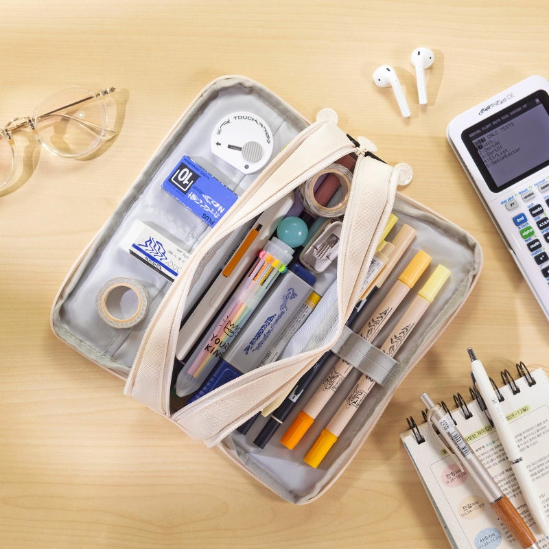 CICIMELON Large Capacity Pencil Case 3 Compartment Pouch Pen Bag for School Teen Girl Boy Men Women (Beige) - Image 2