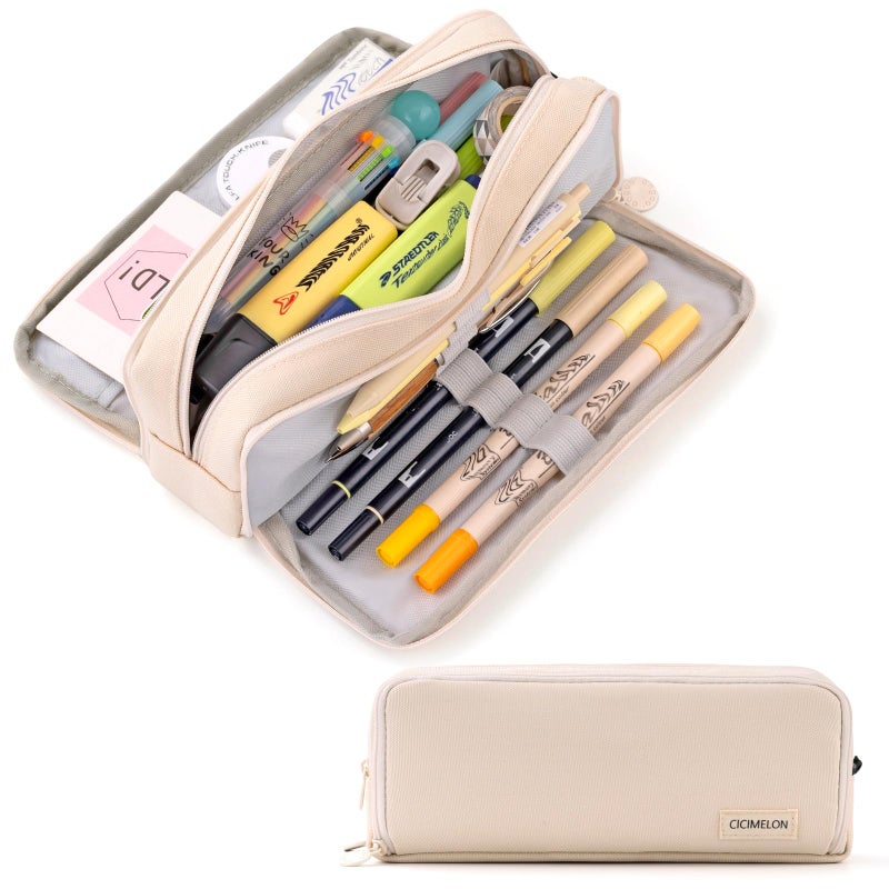 CICIMELON Large Capacity Pencil Case 3 Compartment Pouch Pen Bag for School Teen Girl Boy Men Women (Beige) - Image 1