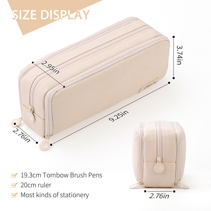 CICIMELON Large Capacity Pencil Case 3 Compartment Pouch Pen Bag for School Teen Girl Boy Men Women (Beige) - Image 5