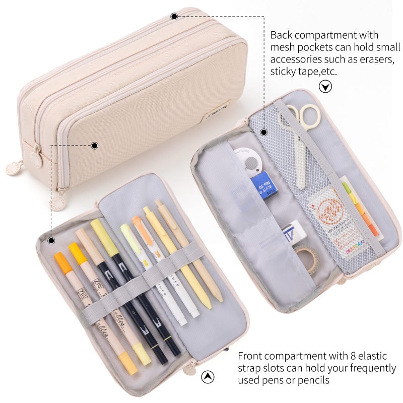 CICIMELON Large Capacity Pencil Case 3 Compartment Pouch Pen Bag for School Teen Girl Boy Men Women (Beige) - Image 3