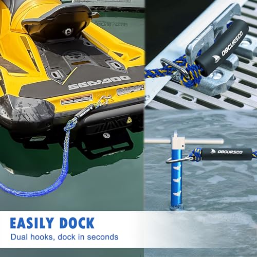Obcursco Bungee Dock Line, Jet Ski Dock Line with Double 316 Stainless Steel Clips, Boat Snubber Docking Rope for PWC, Boat Accessories for Waverunner, Seadoo, Kayak, 2 Pack 4-5.5ft Yellow & Blue - Image 3