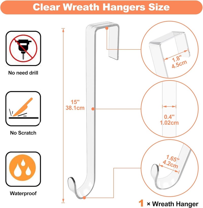 ZYSUN 15" Clear Wreath Hangers - Non Scratch Over The Door Hooks, 1 Pack Wreath-Door Hanger for Easter, Halloween, Christmas Decoration - Image 4
