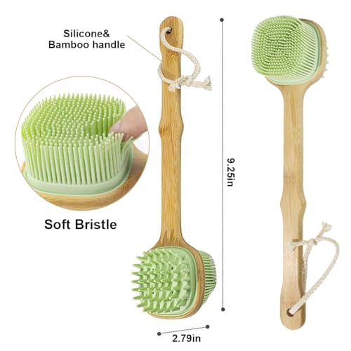 MAYCREATE® Silicone Back Scrubber for Shower, Silicone Bath Body Brush Loofah with Long Handle, Dual-Sided Shower Brush for Body, Exfoliating Body Scrubber Back Washer for Men Women, Green - Image 2