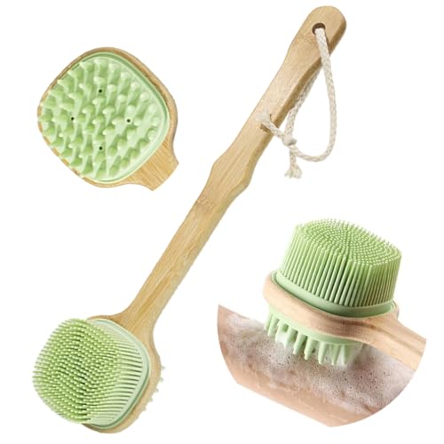 MAYCREATE® Silicone Back Scrubber for Shower, Silicone Bath Body Brush Loofah with Long Handle, Dual-Sided Shower Brush for Body, Exfoliating Body Scrubber Back Washer for Men Women, Green - Image 1