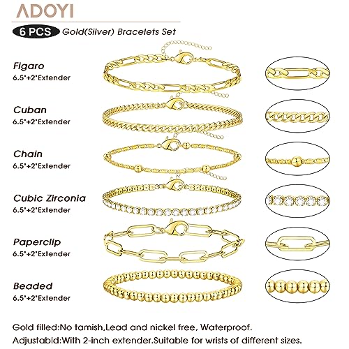 adoyi Gold Bracelets for Women, 14K Gold Plated Stackable Bracelet Stack Set Adjustable Charm Paperclip Chain Cuban Link Layered Waterproof Jewelry Sets Gifts for Womens 6.5 Inch - Image 5