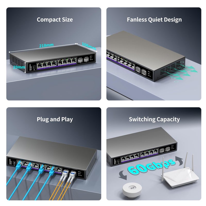 NICGIGA 10 Port 2.5Gb Unmanaged Ethernet Switch with 8* 2.5G Base-T Ports + 2* 10G SFP+ Ports. NICGIGA 8 Port 2.5Gbps Network Switch for 2.5Gbps NAS/PC, WiFi6 Router, Wireless AP. Fanless Design. - Image 5