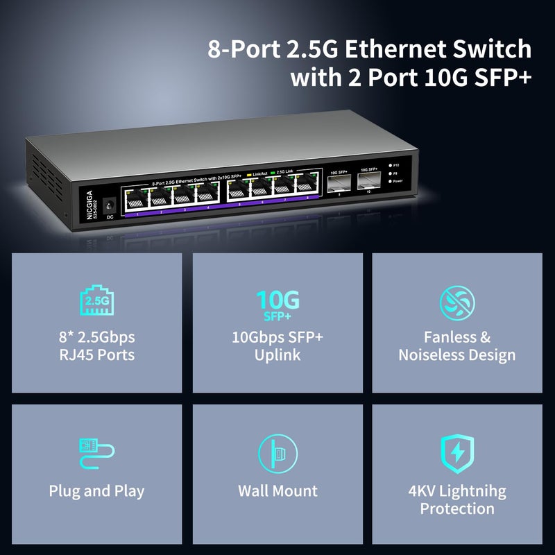 NICGIGA 10 Port 2.5Gb Unmanaged Ethernet Switch with 8* 2.5G Base-T Ports + 2* 10G SFP+ Ports. NICGIGA 8 Port 2.5Gbps Network Switch for 2.5Gbps NAS/PC, WiFi6 Router, Wireless AP. Fanless Design. - Image 4