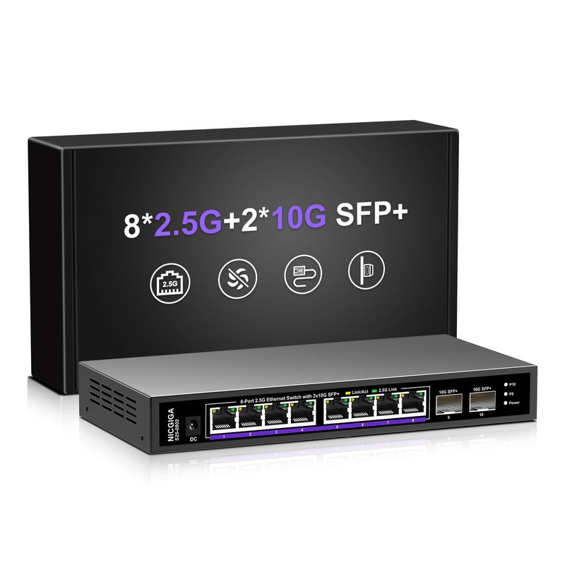 NICGIGA 10 Port 2.5Gb Unmanaged Ethernet Switch with 8* 2.5G Base-T Ports + 2* 10G SFP+ Ports. NICGIGA 8 Port 2.5Gbps Network Switch for 2.5Gbps NAS/PC, WiFi6 Router, Wireless AP. Fanless Design. - Image 1