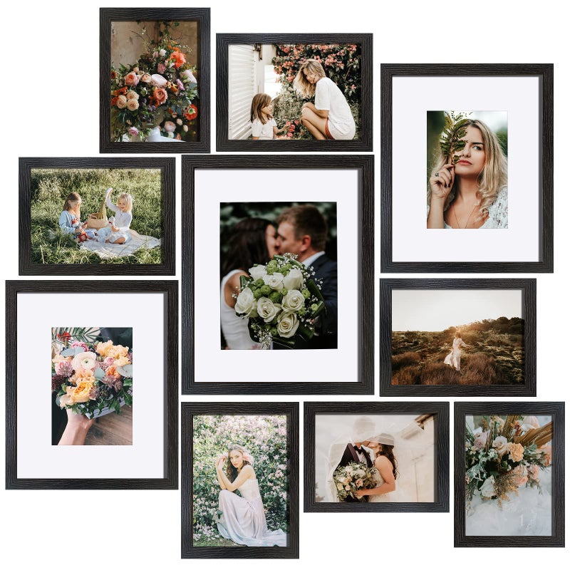 SESEAT Picture Frames Collage Gallery Wall Frame Set with 11x14 8x10 5x7 4x6 Frames in Black Woodgrain Finishes Set of 10