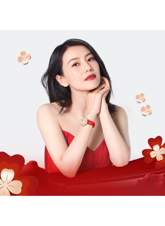 Fiyta Four-leaf Clover Series Mechanical Watch With Hollowed Mother-of-pearl Dial And Red Leather Strap, Perfect Gift For Wife - Image 1