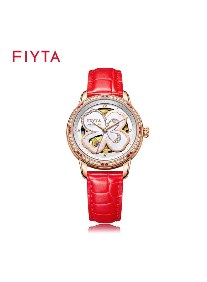 Fiyta Four-leaf Clover Series Mechanical Watch With Hollowed Mother-of-pearl Dial And Red Leather Strap, Perfect Gift For Wife - Image 5