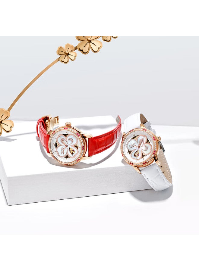 Fiyta Four-leaf Clover Series Mechanical Watch With Hollowed Mother-of-pearl Dial And Red Leather Strap, Perfect Gift For Wife - Image 2