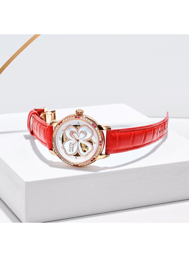 Fiyta Four-leaf Clover Series Mechanical Watch With Hollowed Mother-of-pearl Dial And Red Leather Strap, Perfect Gift For Wife - Image 4