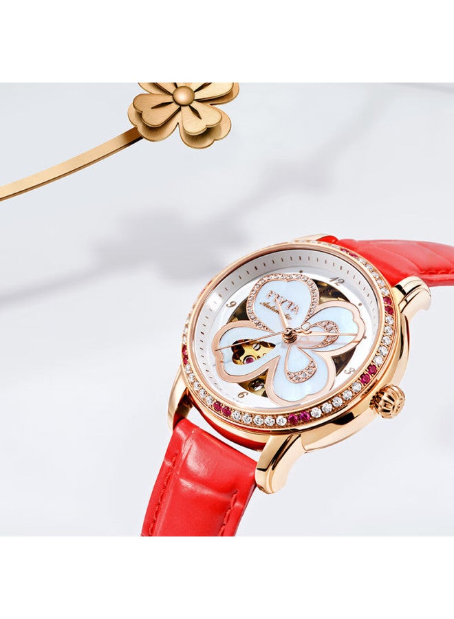 Fiyta Four-leaf Clover Series Mechanical Watch With Hollowed Mother-of-pearl Dial And Red Leather Strap, Perfect Gift For Wife - Image 3