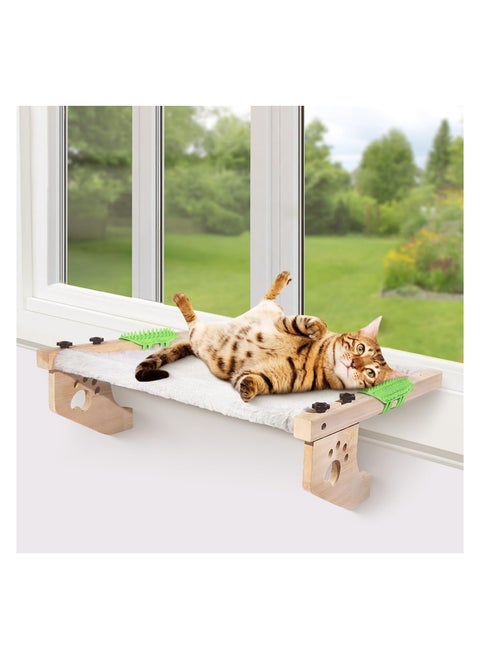 Cat Window Perch, Window Bed for Indoor Cats, Hammock Window Seat with Self Groomer, Wood & Metal Frame, Easy to Adjust & Assemble Cat Windowsill Perch(Medium)