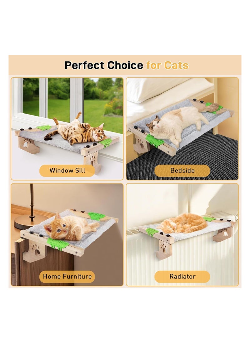 Cat Window Perch, Window Bed for Indoor Cats, Hammock Window Seat with Self Groomer, Wood & Metal Frame, Easy to Adjust & Assemble Cat Windowsill Perch(Medium)