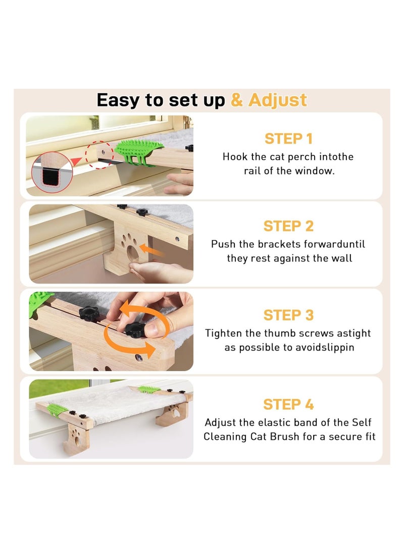 Cat Window Perch, Window Bed for Indoor Cats, Hammock Window Seat with Self Groomer, Wood & Metal Frame, Easy to Adjust & Assemble Cat Windowsill Perch(Medium)
