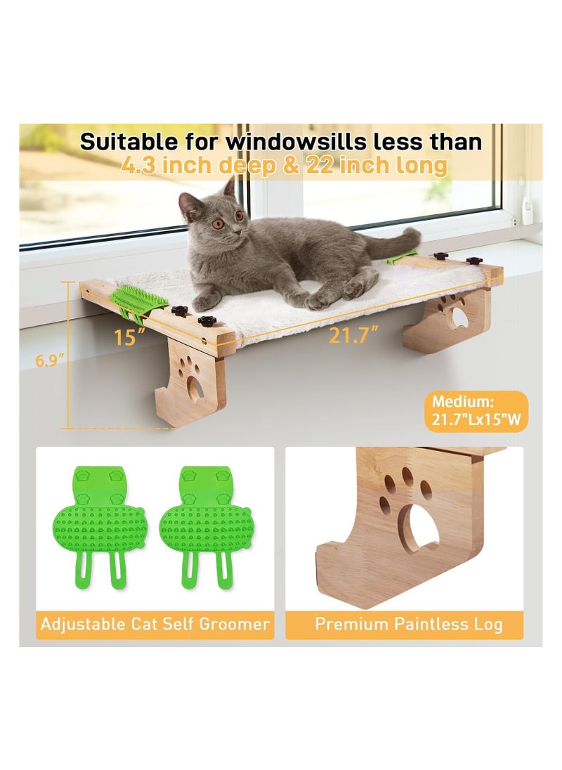 Cat Window Perch, Window Bed for Indoor Cats, Hammock Window Seat with Self Groomer, Wood & Metal Frame, Easy to Adjust & Assemble Cat Windowsill Perch(Medium)