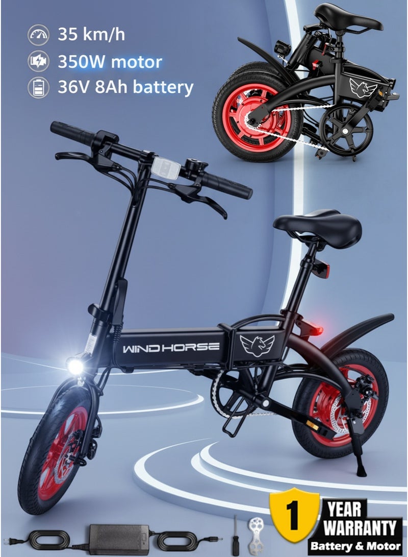 Wind Horse Foldable 2-in-1 Electric Bike and Cycle, 350W Brushless Motor, 35KM/H Speed, 36V 8Ah Battery, 25KM Range, 14-Inch Tires, Lightweight Carbon Alloy Frame – Portable E-Bike for City & Daily Commute - Image 1
