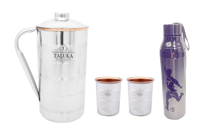 STAINLESS STEEL COPPER JUG 2000 ML FOR DRINKING WATER WITH 2 STEEL COPPER GLASS 350 ML AND 1 STEEL BOTTLE WATER STORAGE