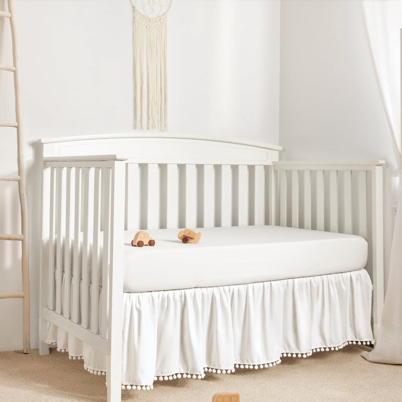 TILLYOU تنورة سرير الأطفال TILLYOU للبنات والأولاد، تنورة سرير مزخرفة مع كرات، 28 بوصة × 52 بوصة، 14 بوصة انخفاض، أبيض - Image 2