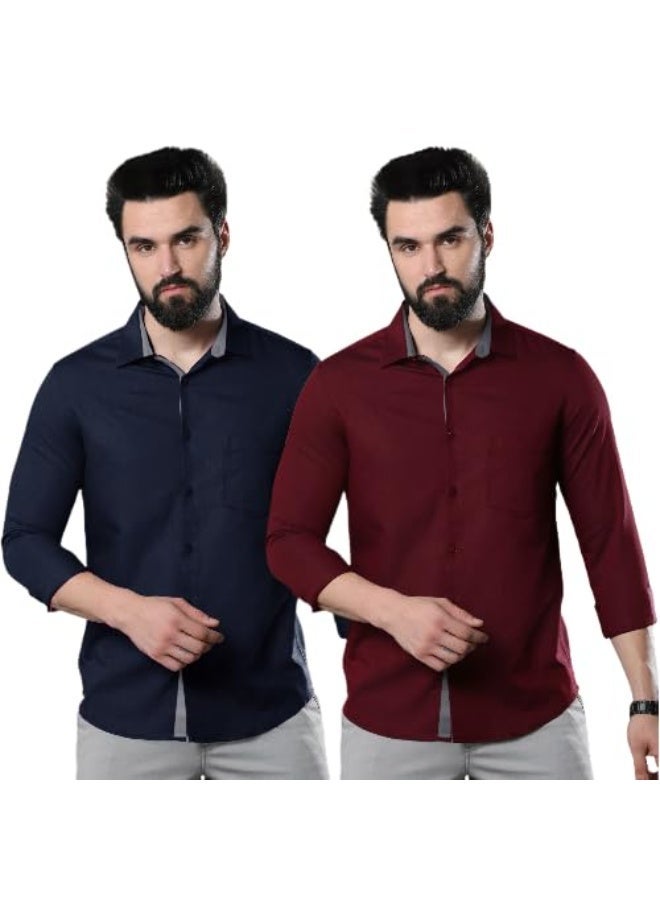 Pinkmint store Combo of Men Casual Cotton Blend Full Sleeves Formal Regular Fit Plain Office Shirts (pack of 2) M - Image 1