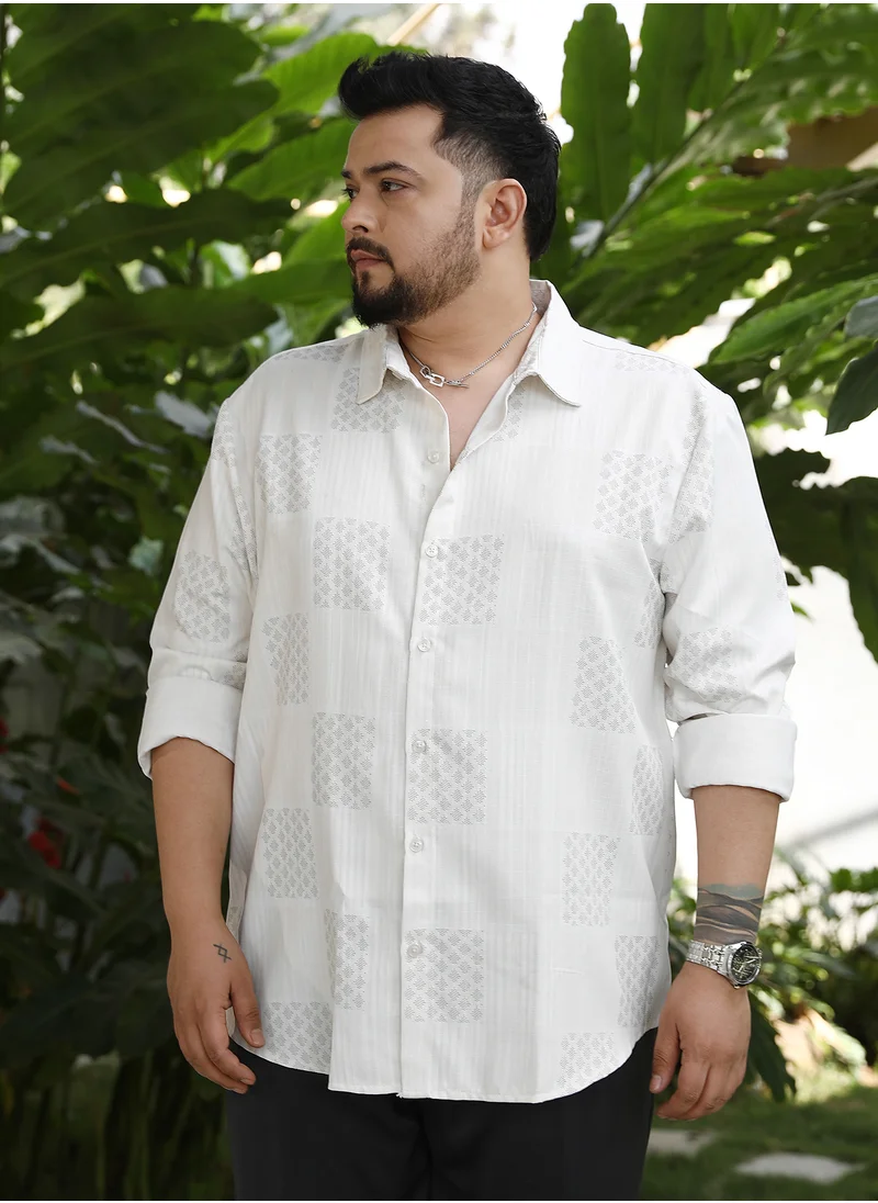 انستافاب بلس Instafab Plus Men's Daisy White Indie-Block Imprint Shirt For Casual Wear | Spread Collar | Long Cuffed Sleeves | Button Closure | Plus Size Shirt Crafted With Comfort Fit For Everyday Wear