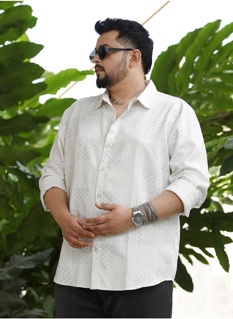 انستافاب بلس Instafab Plus Men's Daisy White Indie-Block Imprint Shirt For Casual Wear | Spread Collar | Long Cuffed Sleeves | Button Closure | Plus Size Shirt Crafted With Comfort Fit For Everyday Wear