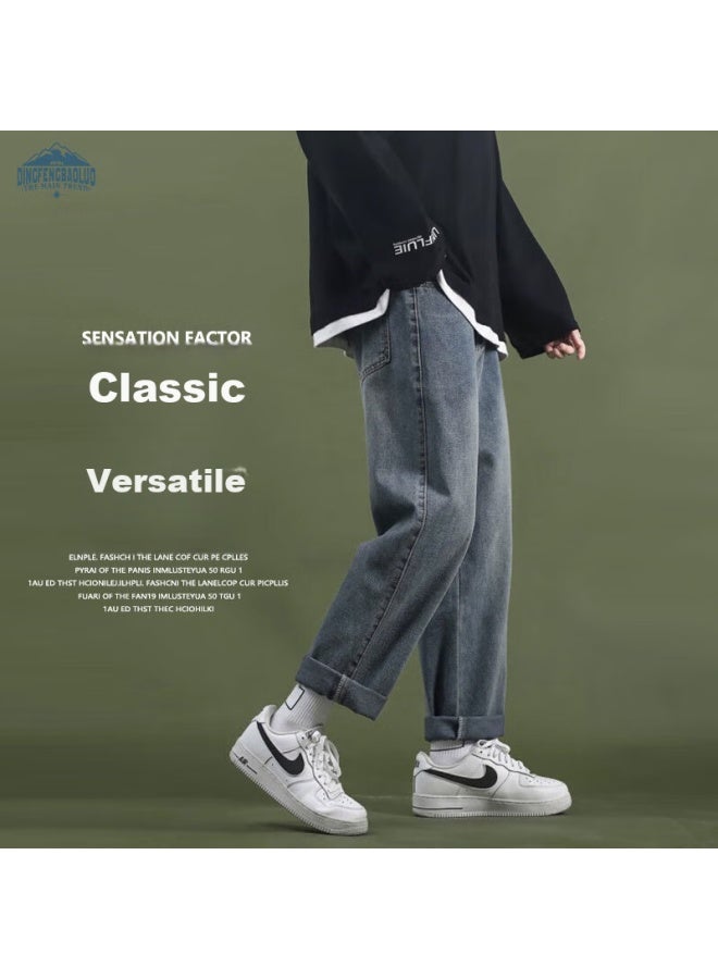 Dingfengbaoluo Men's Jeans, Trendy Loose Straight-leg Hong Kong Style Wide-leg Casual Pants For Autumn And Winter, Men's Trousers 722 Vintage Blue L - Image 1