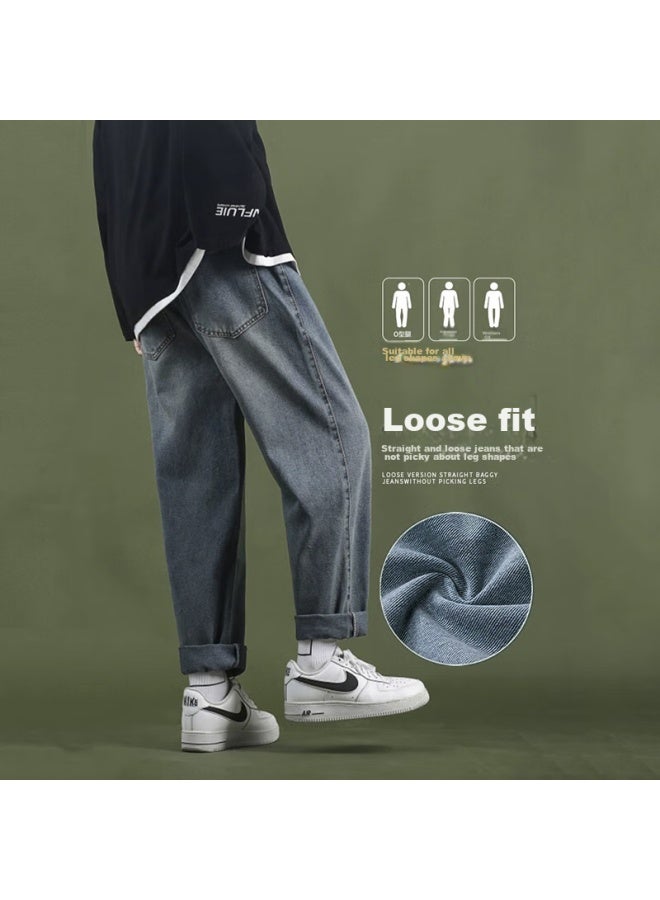Dingfengbaoluo Men's Jeans, Trendy Loose Straight-leg Hong Kong Style Wide-leg Casual Pants For Autumn And Winter, Men's Trousers 722 Vintage Blue L - Image 3