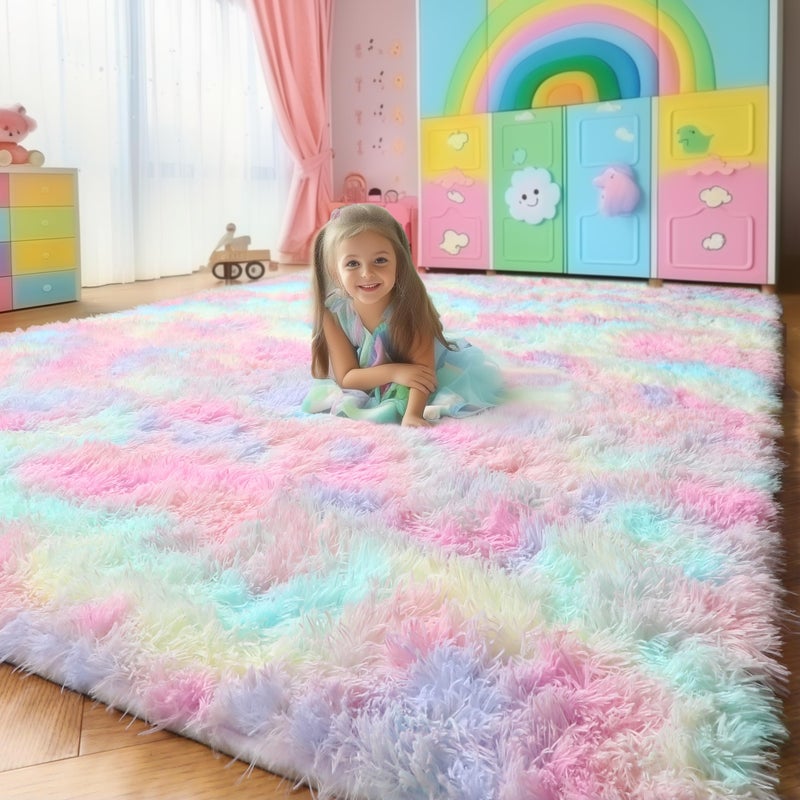 Pink Rainbow Fluffy Kids Rugs for Girls Bedroom Unicorn Room Decor Colorful Pastel Shag Area Rugs for Nursery Playroom Classroom Cute Fuzzy Kawaii Carpet for Baby Toddler Teen 4x6 Rug Washable