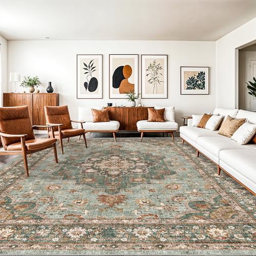 TOPRUUG Washable Oriental Area Rug - 10x14 Rugs for Living Room Soft Carpet for Bedroom Waterproof Floral Distressed Indoor Stain Resistant Non-Shedding Floor Carpets (Green, 10X14) - Image 1