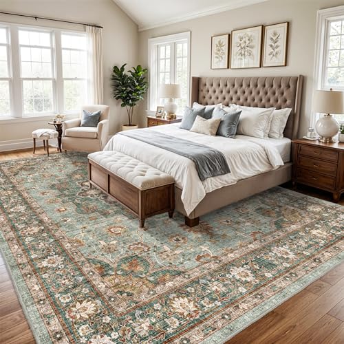 TOPRUUG Washable Oriental Area Rug - 10x14 Rugs for Living Room Soft Carpet for Bedroom Waterproof Floral Distressed Indoor Stain Resistant Non-Shedding Floor Carpets (Green, 10X14) - Image 3