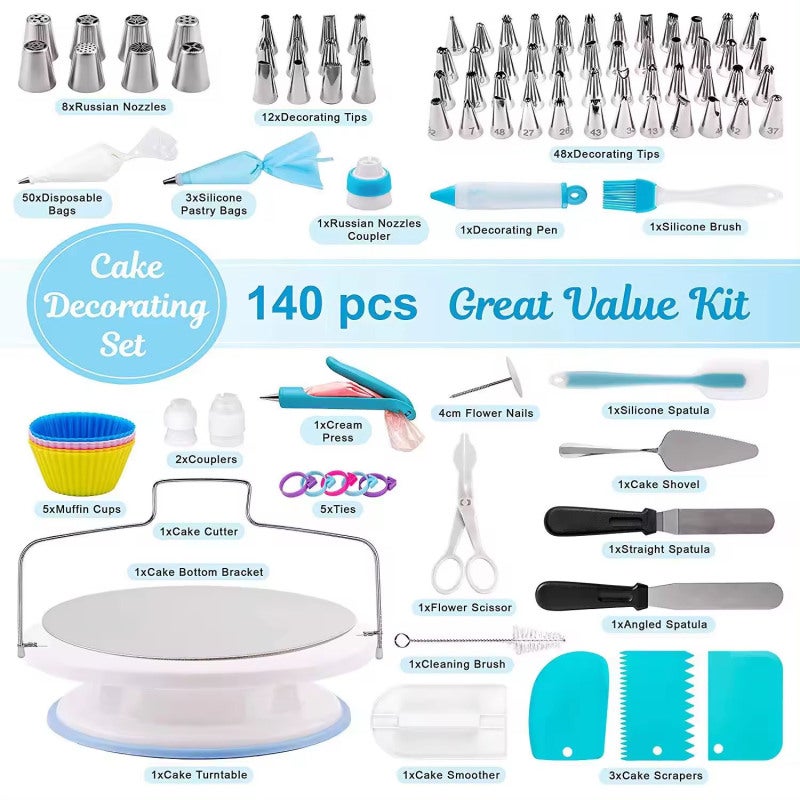 Cake Decorating Kit 150pcs - Complete Safe Materials Smooth Revolving Turntable Numbered Tips for Beginners Professionals Home Bakery Party Wedding Festivals - Image 3
