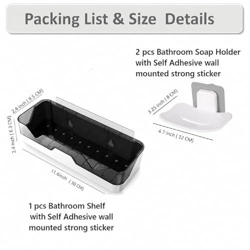 Clyton Self Adhesive Bathroom Shelf with 2 Soap Holders | Without Drilling Wall Mounted Storage Rack for Shower, Kitchen & Wash Basin | Rust Resistant ABS Palstic Organizer - Image 2