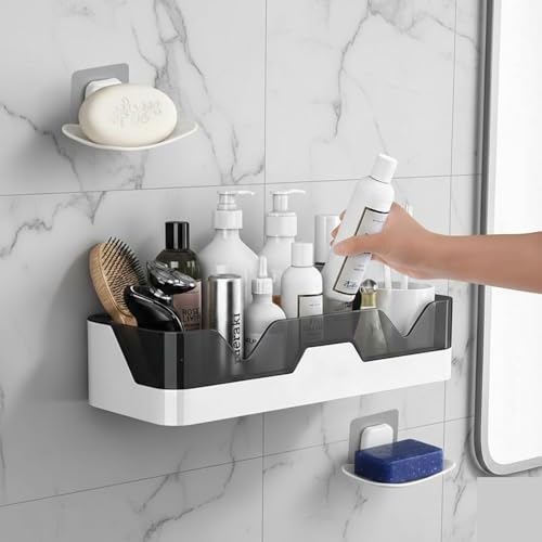 Clyton Self Adhesive Bathroom Shelf with 2 Soap Holders | Without Drilling Wall Mounted Storage Rack for Shower, Kitchen & Wash Basin | Rust Resistant ABS Palstic Organizer - Image 1