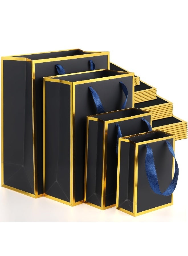 مجموعة من 20 كيس هدايا أسود بحواف ذهبية، 4 أحجام، أكياس تسوق، أكياس هدايا للحفلات مع مقبض من الشريط لأعياد الميلاد وعيد الأم وحفلات استقبال المولود وحفلات الزفاف وهدايا الزفاف - Image 1