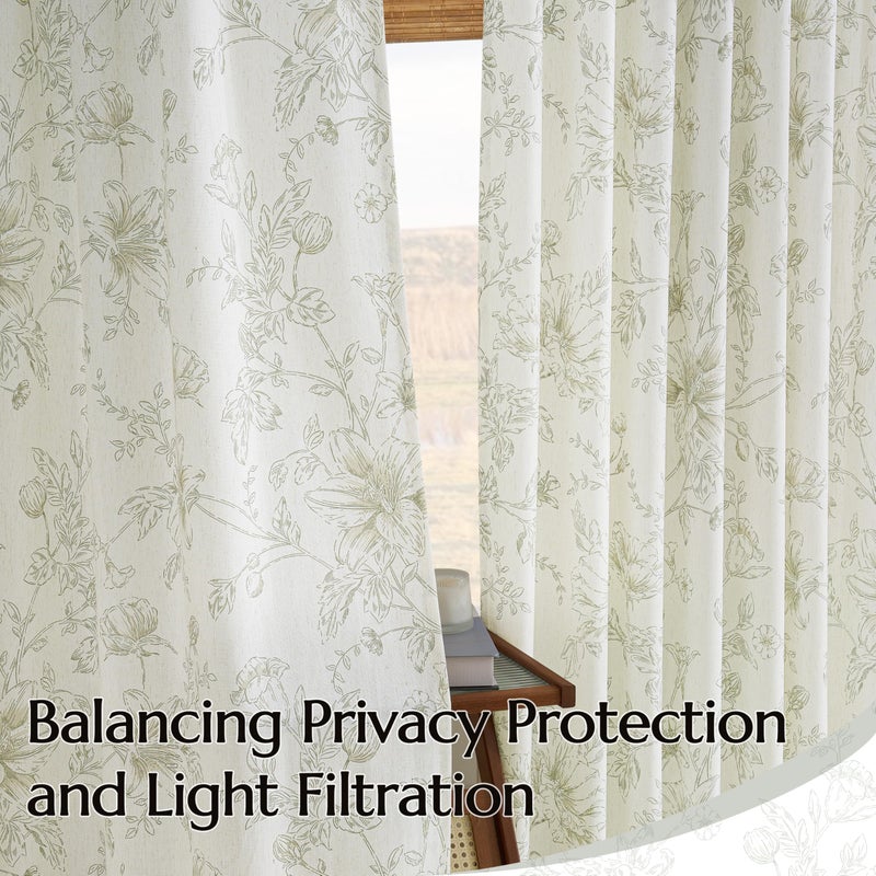 BILEEHOME Farmhouse Floral 90 Inch Curtains for Living Dining Room Bedroom Pinch Pleat Light Filtering Linen Curtains Sage Green Flower Pattern Printed French Country Boho Vintage Plated Drapes 90 Inches Long - Image 5