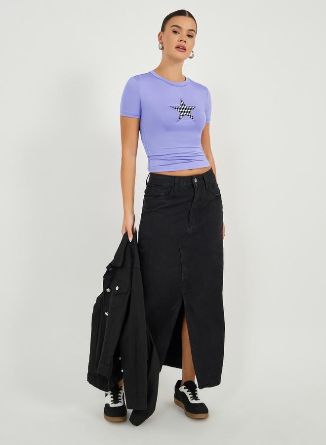 Styli Embroidered Round Neck Fitted Crop T-Shirt  - Image 1