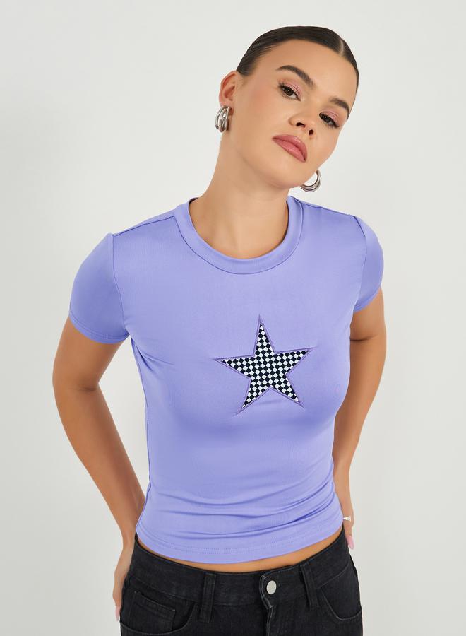 Styli Embroidered Round Neck Fitted Crop T-Shirt  - Image 3