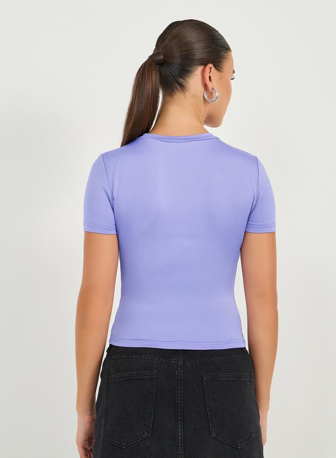 Styli Embroidered Round Neck Fitted Crop T-Shirt  - Image 5