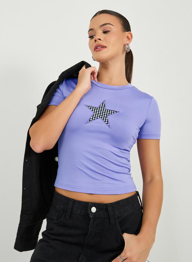 Styli Embroidered Round Neck Fitted Crop T-Shirt  - Image 2