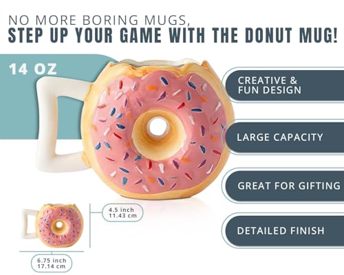 Comfify Ceramic Donut Mug – Pink Glaze with Sprinkles – Funny “MMM... Donuts!” Quote – 14 oz Coffee Cup for Tea, Hot Chocolate, and More – Giftable Novelty Drinkware - Image 2