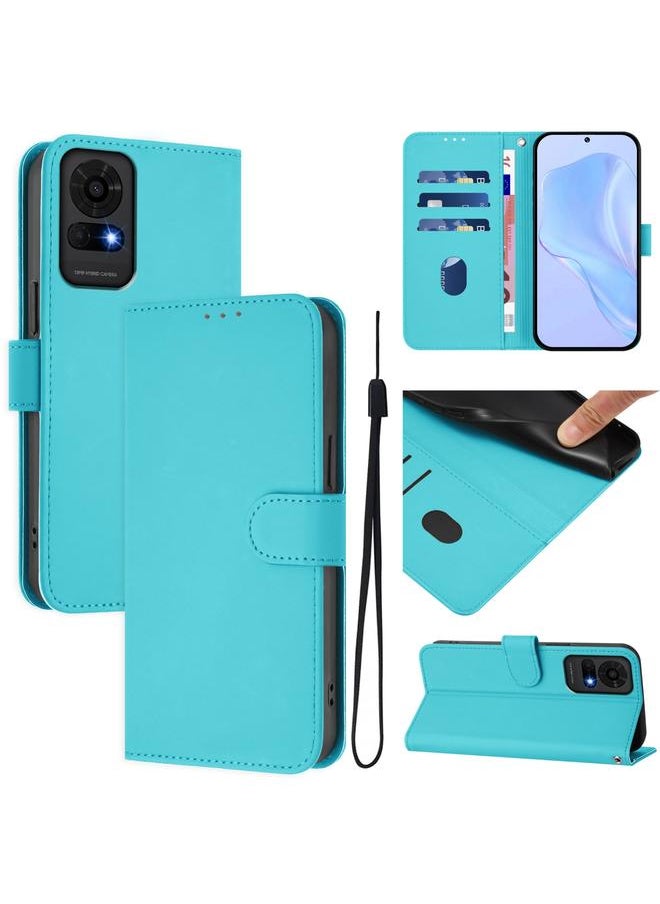 Zaboon - For TCL 50 LE Skin Feel Solid Color Leather Phone Case with Lanyard(Lake Blue) - Image 1