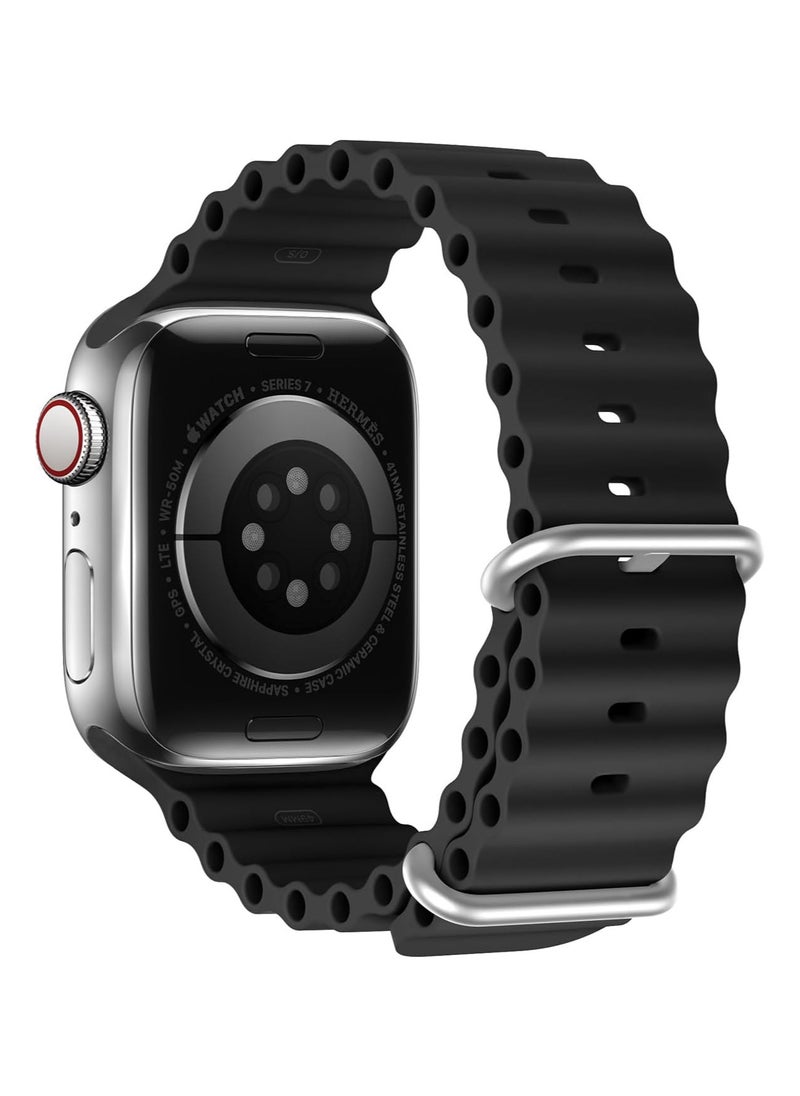 DUX DUCIS - Dux Ducis Ocean Wave Series Silicone Rubber and Stainless Steel Watch Strap for Apple Watch 42mm/44mm/45mm, Black - Image 1