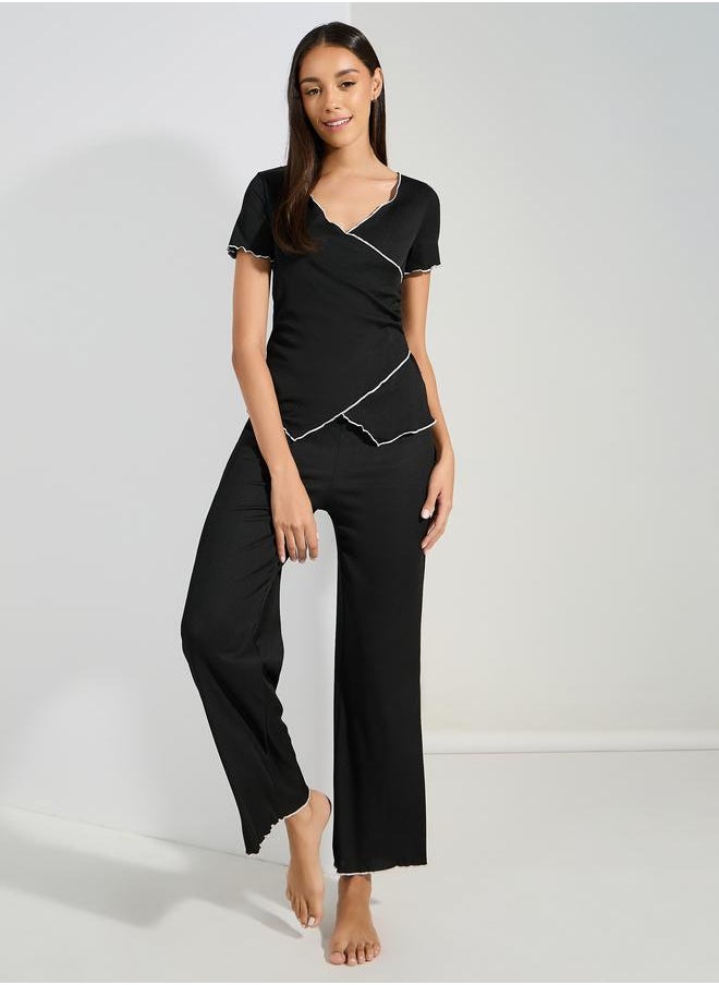 Styli Mono Contrast Edge Rib Wrap Over T-Shirt & Pyjama Set  - Image 2